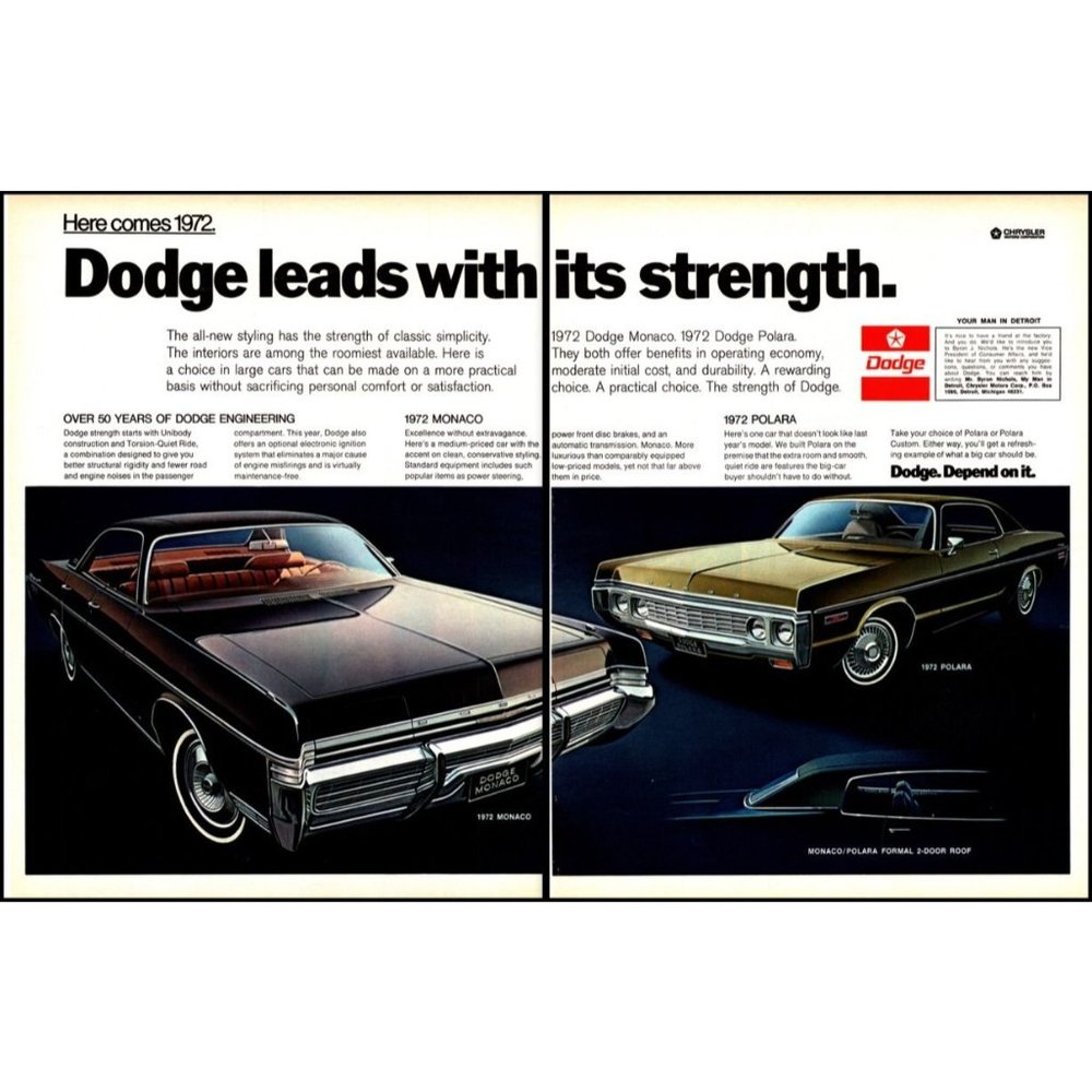1972 Dodge Monaco Sedan and Polara 2 Door Hardtop 2 Page Vintage Print Ad Art